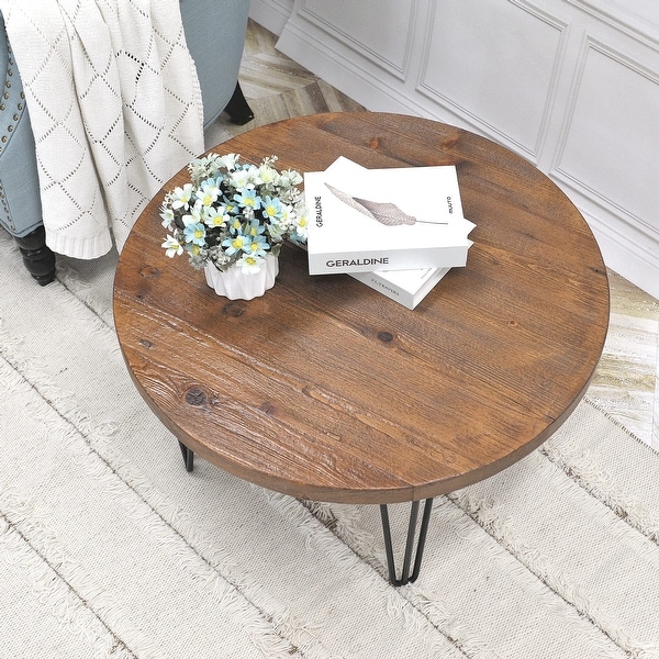 Soft Things Greenage Old Pine Natural Wood Round Large Coffee Table， 27.6