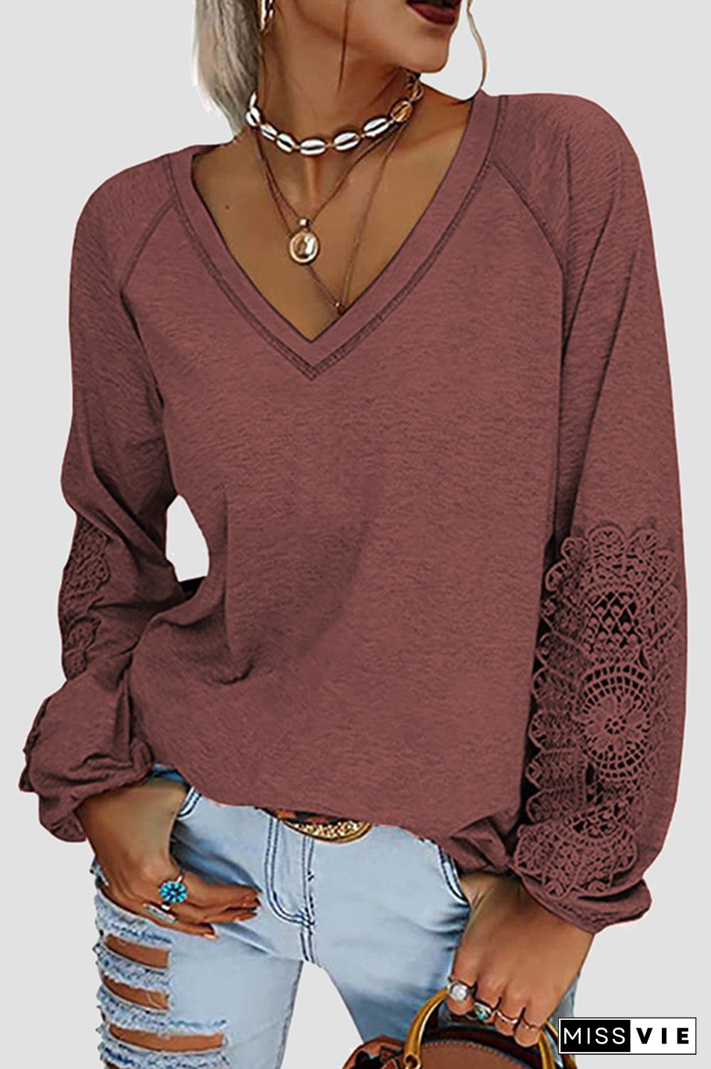 Casual Solid Lace Split Joint V Neck T-Shirts