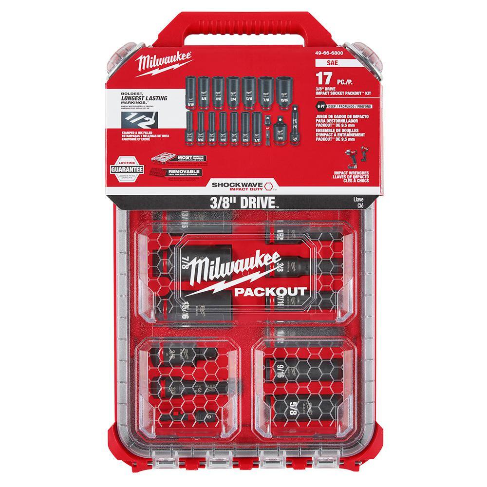 MW SHOCKWAVE Impact-Duty 38 in. Drive SAE Deep Well Impact PACKOUT Socket Set (17-Piece) 49-66-6800