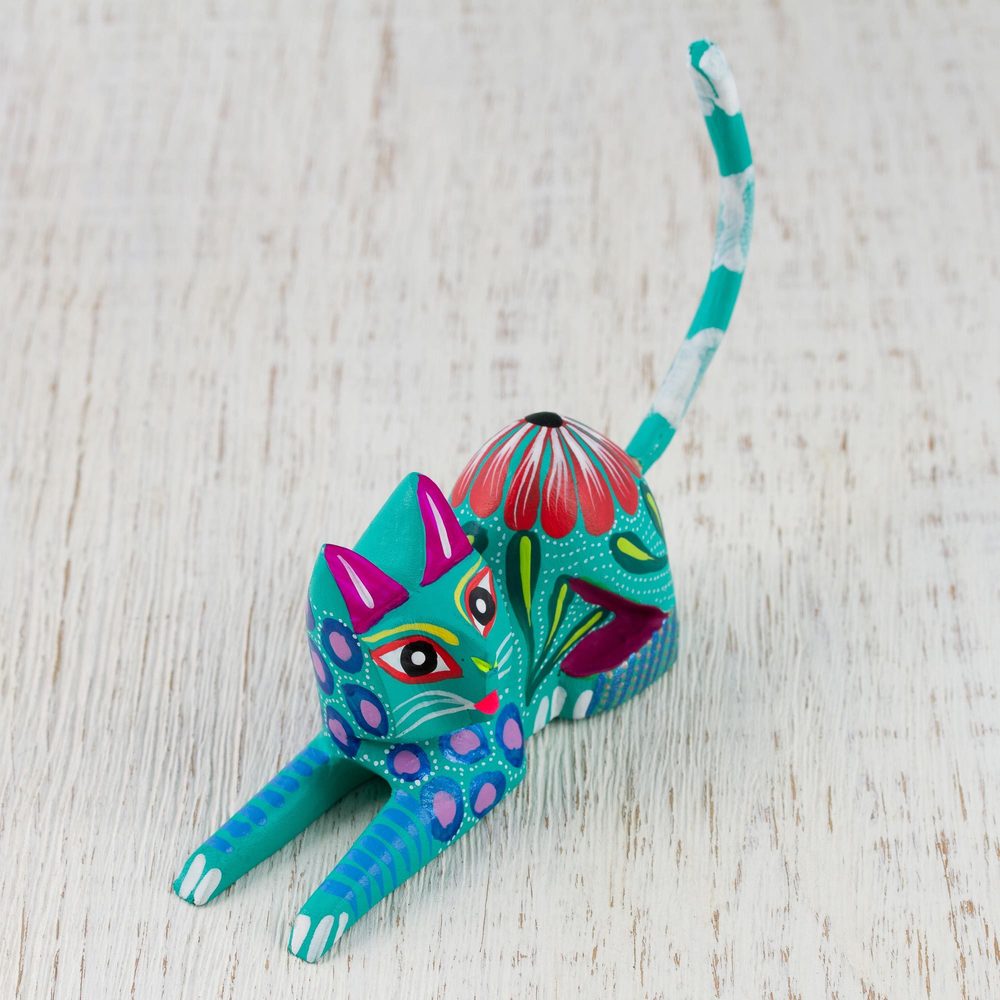 NOVICA Handmade Excited Cat In Teal Wood Sculpture (Mexico)   3.9\