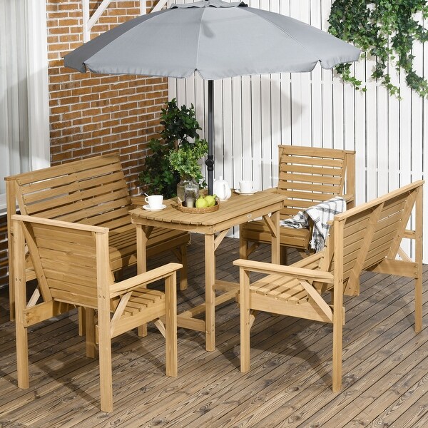 Outsunny 5 Piece Patio Furniture，6 Seat Outdoor Dining Set，Natural Wood Dinner Table，2 Chairs，Loveseats with Armrests