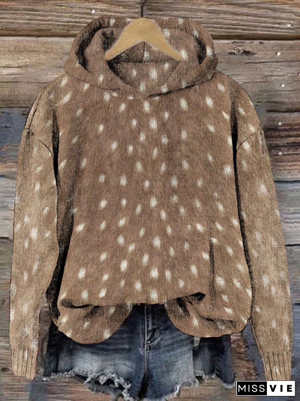 Soft Deer Hide Pattern Vintage Cozy Knit Hoodie