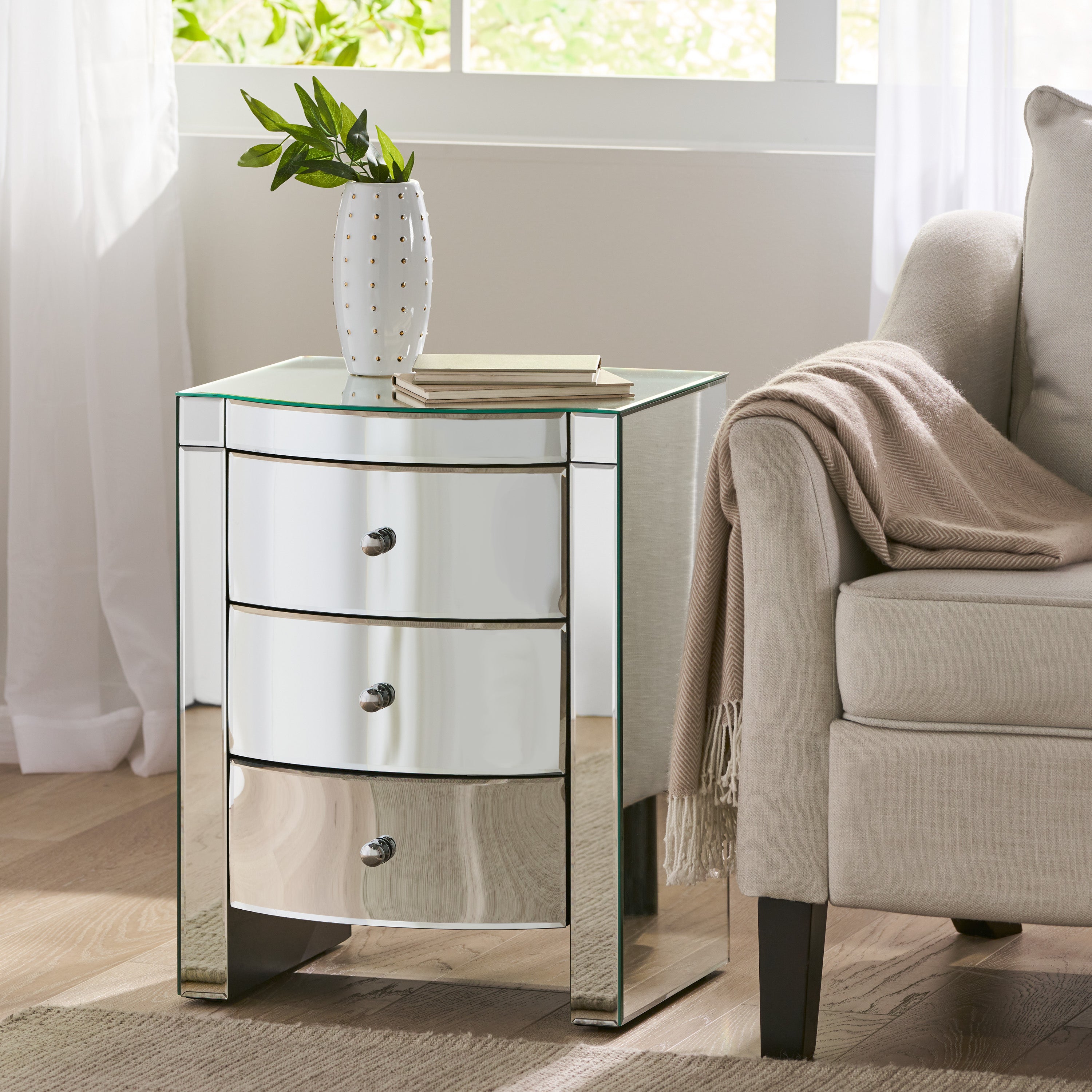 Jacinda Modern Glam Mirrored 3 Drawer Side Table