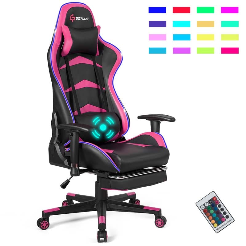 LED Massage Gaming Chair, Height Adjustable Racing Computer Office Chair with Footrest, Ergonomic High Back PU Swivel Game Chair