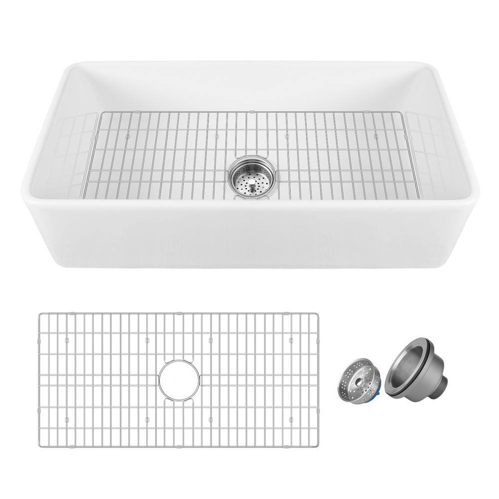 DEERVALLEY Grove White Fireclay 36 in. L x 18 in. W Rectangular Single Bowl Farmhouse Apron Kitchen Sink with Grid and Strainer DV-1K505