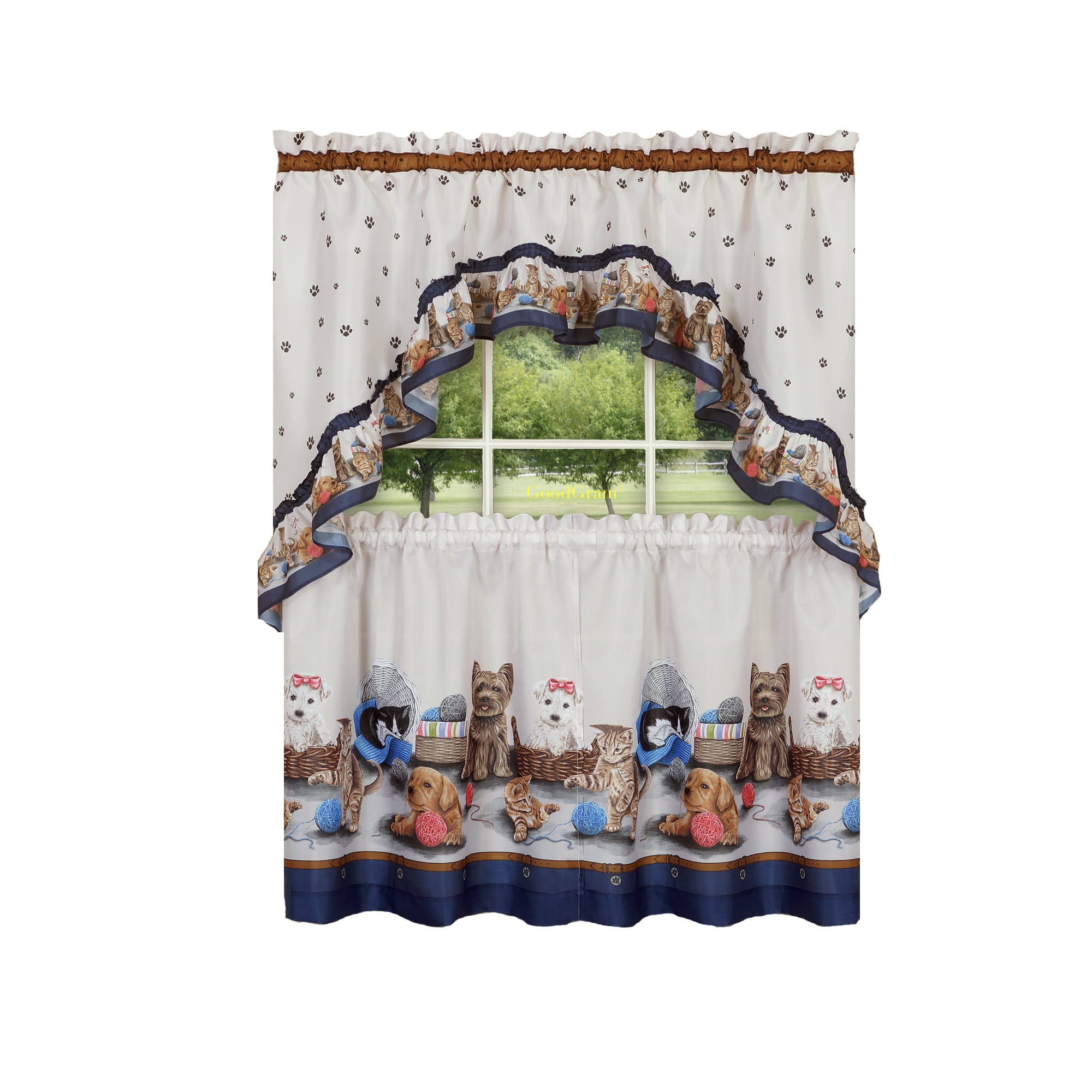 Adorable Puppies & Kittens Kitchen Curtain Tier & Swag Set - 24 in. Long