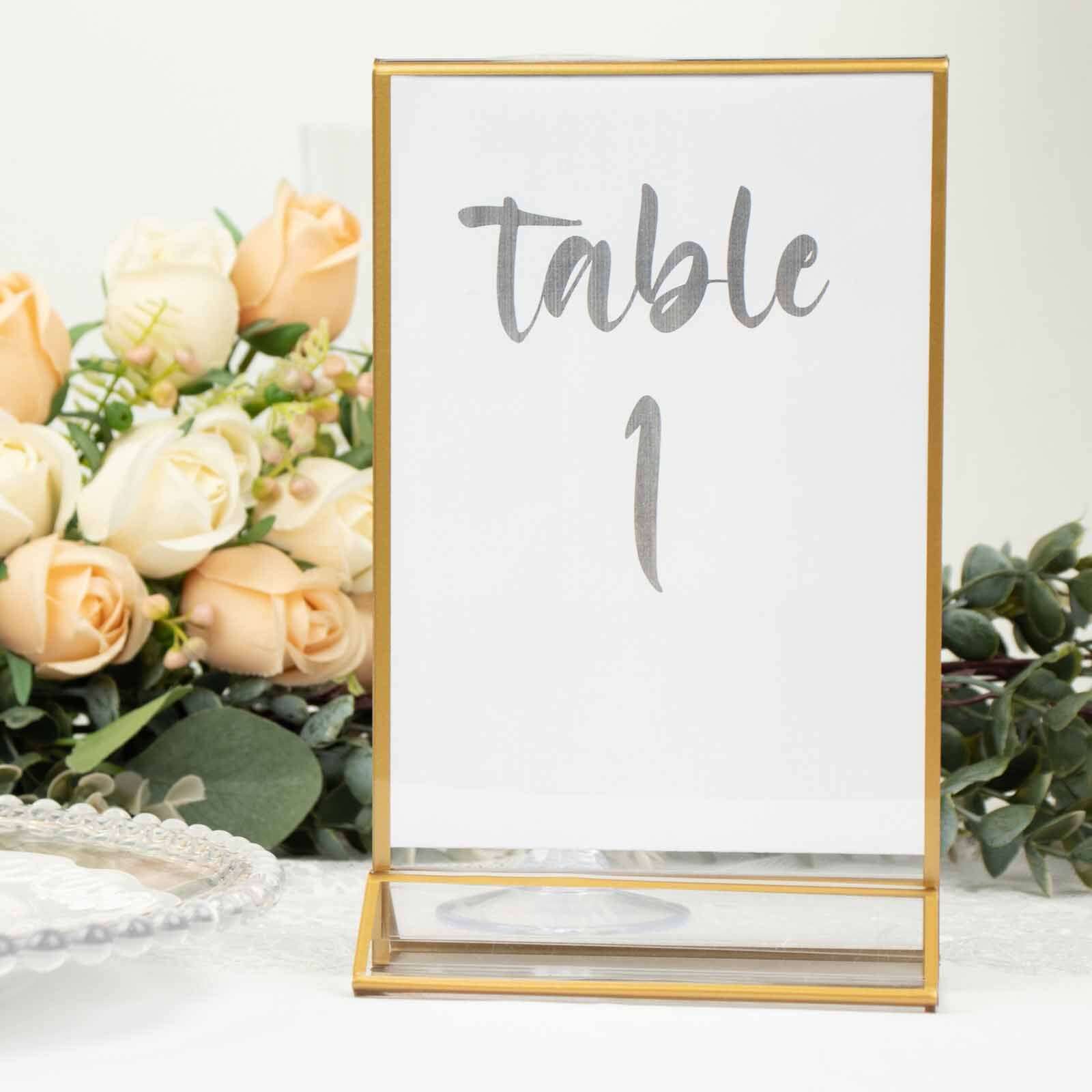 6 Pack Gold Frame Acrylic Freestanding Table Sign Holders, Double Sided Number, Picture, Menu Display Stands 5