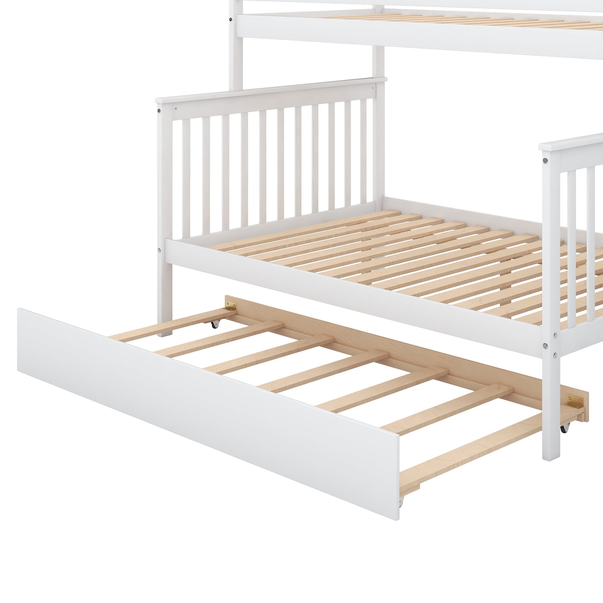 Euroco Twin Over Full Bunk Bed with Trundle and Stairs for Kids, White