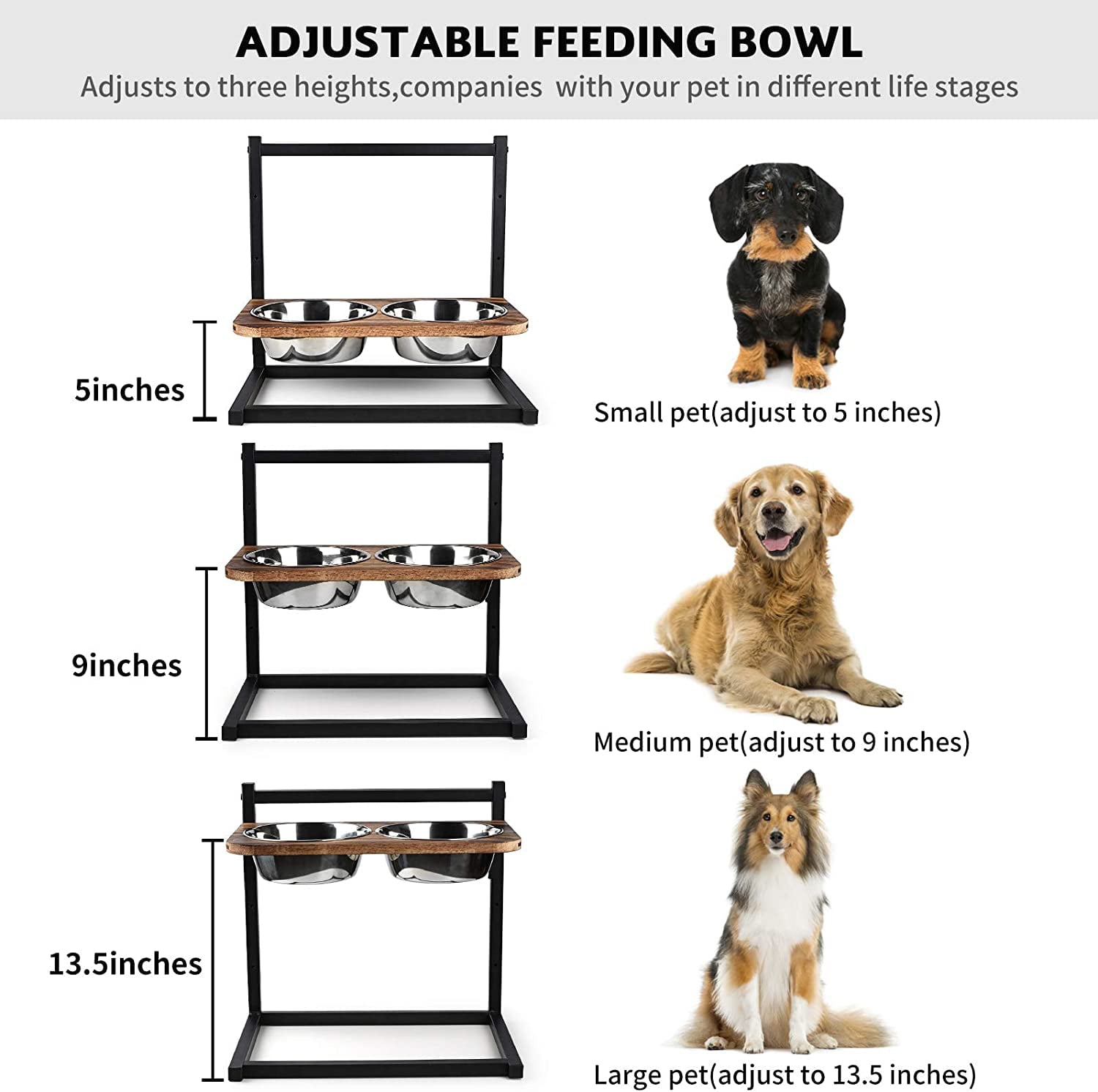 Emfogo Dog Food Bowls Raised Dog Bowl Stand Feeder Adjustable Elevated 3 Heights 5in 9in 13in with Stainless Steel Food Elevated Dog Bowls