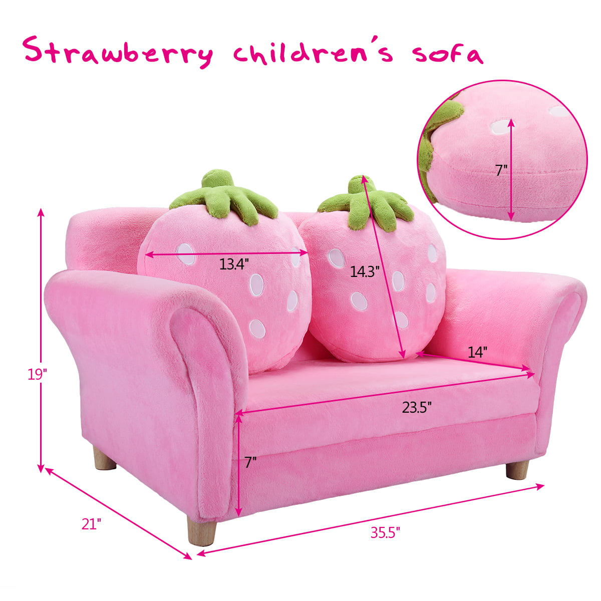 Fchunhe Home Coral Cotton Kids Couch with 2 Lovely Pillows and Solid Wood Foot Stool Pink