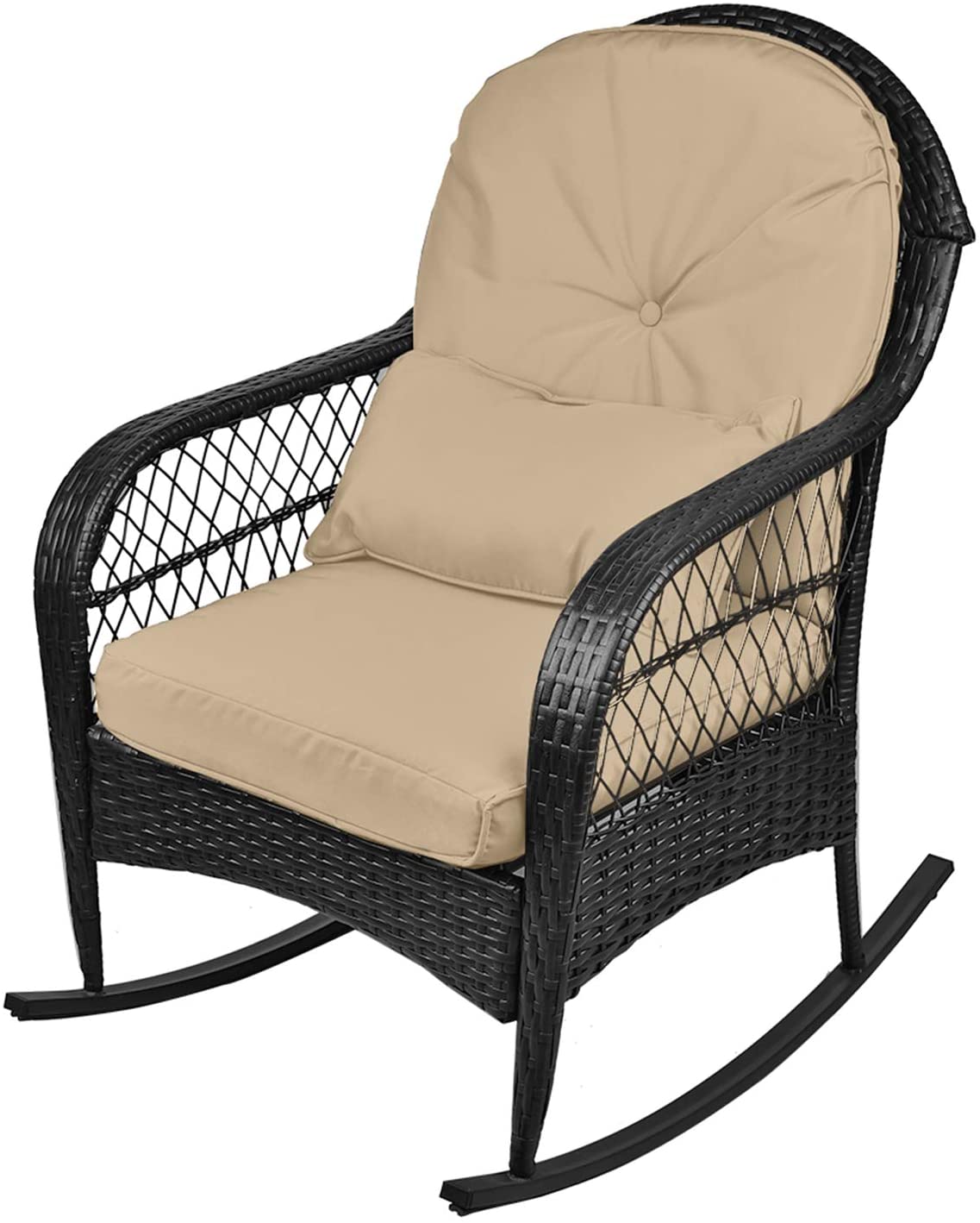 LVUYOYO Outdoor Wicker Rocking Chair All Weather w/ Cushions Garden Patio Yard Porch Lawn Balcony Backyard, Beige, khaki