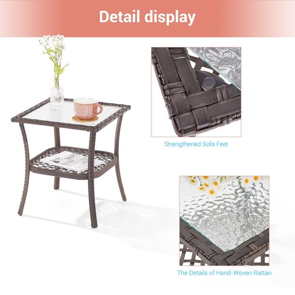 AOOLIMICS Outdoor Brown Square PE Wicker Corrugated Glass Side Table