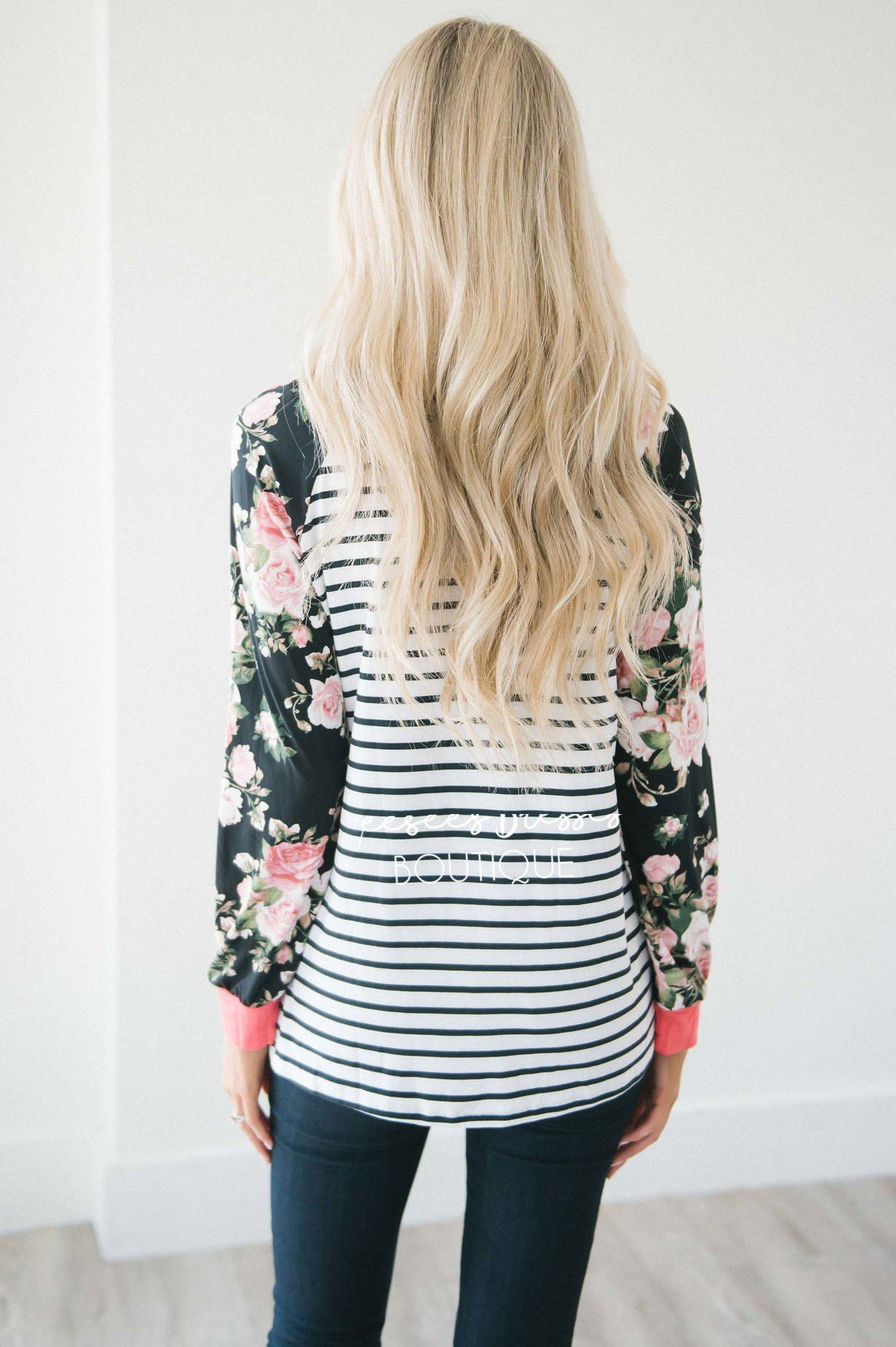 Sequin Pocket Striped Floral Sleeve Top