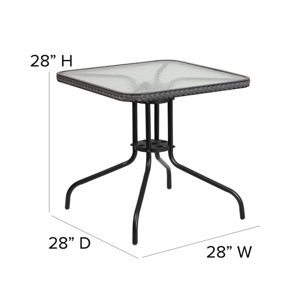 Square Tempered Glass Metal Table With Rattan Edging