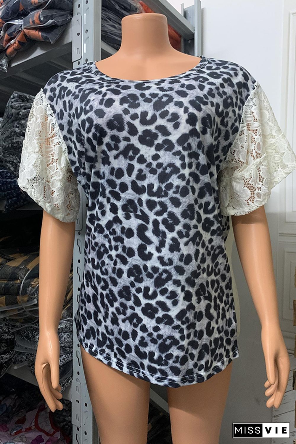 Leopard Print Lace Patchwork Short Sleeve T-shirt Top Wholesale