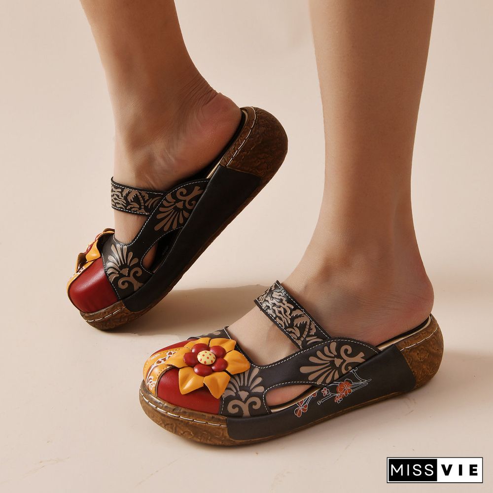 Ethnic Style Thick Heel Casual Flower Handmade Women's Sandals