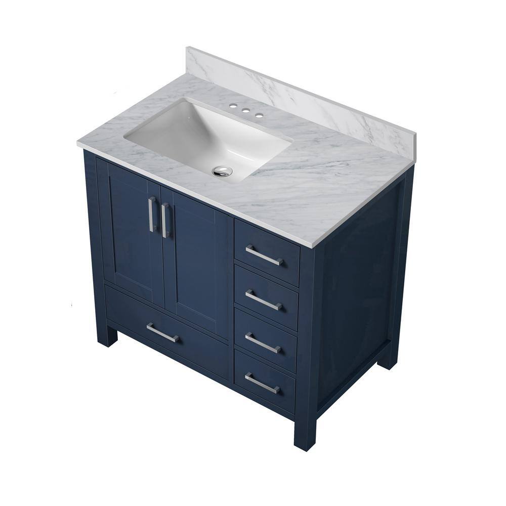 Lexora Jacques 36 in. W x 22 in. D Left Offset Navy Blue Bath Vanity and Carrara Marble Top LJ342236SEDS000L