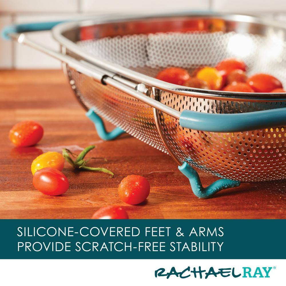 Rachael Ray Tools and Gadgets 4.5 qt. Stainless Steel Over-The-Sink Colander Agave Blue Handles 48533