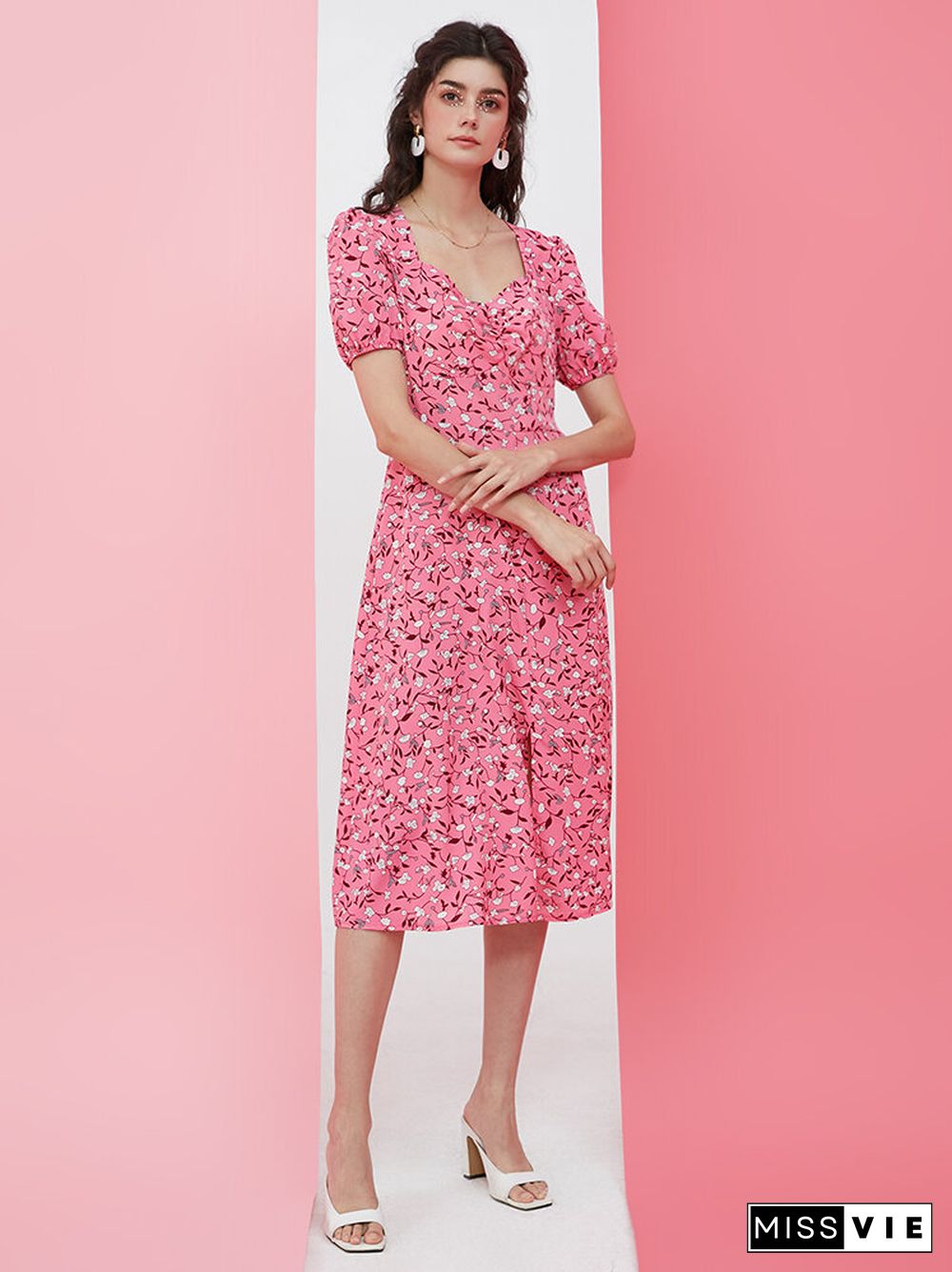 Floral Print Puff Sleeve Slit Ruched Square Collar Pink Dress