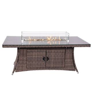 DIRECT WICKER Firefly Brown Wicker Rectangular Propane Fire Pit Table with Tempered Glass Surround DWG-1106R-T