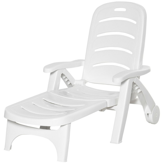 Outsunny Outdoor Chaise Lounge Chair On Wheels Waterproof With Quick Assembly Folding 5 Level Adjustable Backrest For Pool White