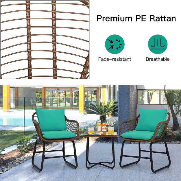 Costway 3pcs Patio Rattan Bistro Set Cushioned Chair Glass Table Deck White turquoise