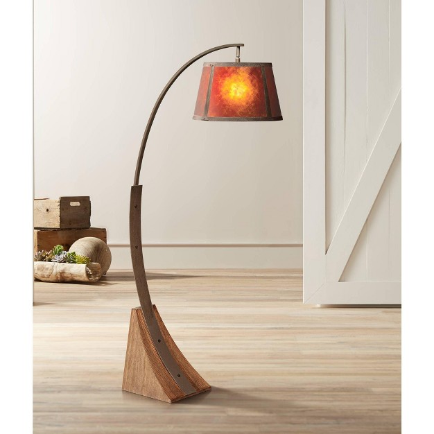 Tall Dark Rust Wood Amber Mica Drum Shade For Living Room Reading Bedroom Office