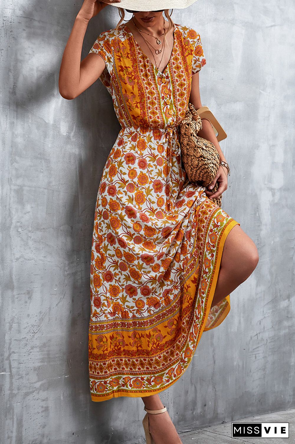 Floral Print Short Sleeve Long Dress Wholesale