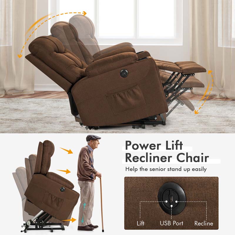 Linen Fabric Power Lift Recliner Chair with Massage & Lumbar Heat, Electric Stand up Lift Sofa for Elderly