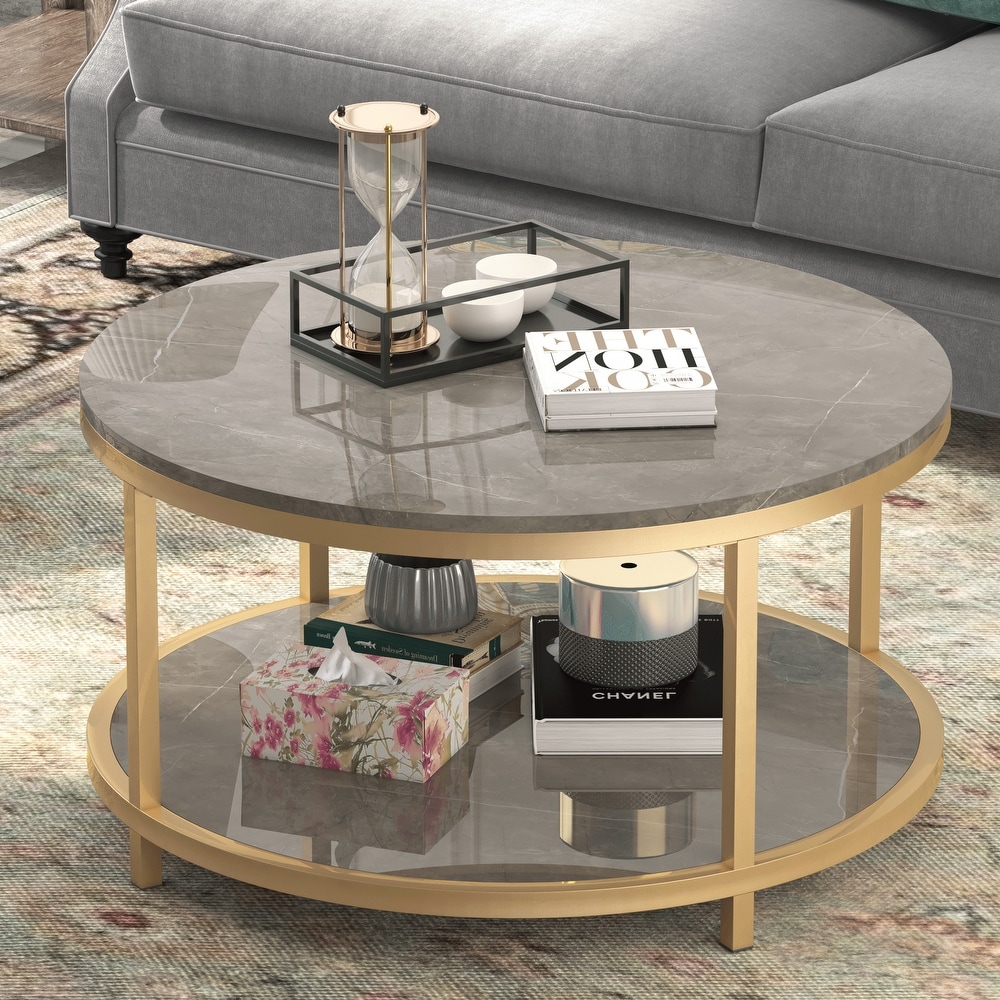 S.Fyronti Round Gray Faux Marble Coffee Table with Golden Legs and Open Shelf