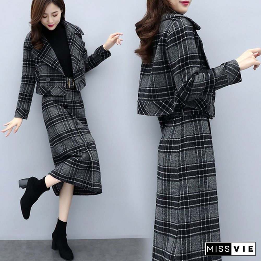 Xs-3Xl Two Piece Sets Short Blazer + Midi Skirt Ladies Work Long Skirt Suits Womens Grey Plaid Skirt Outfits Female Business Suits