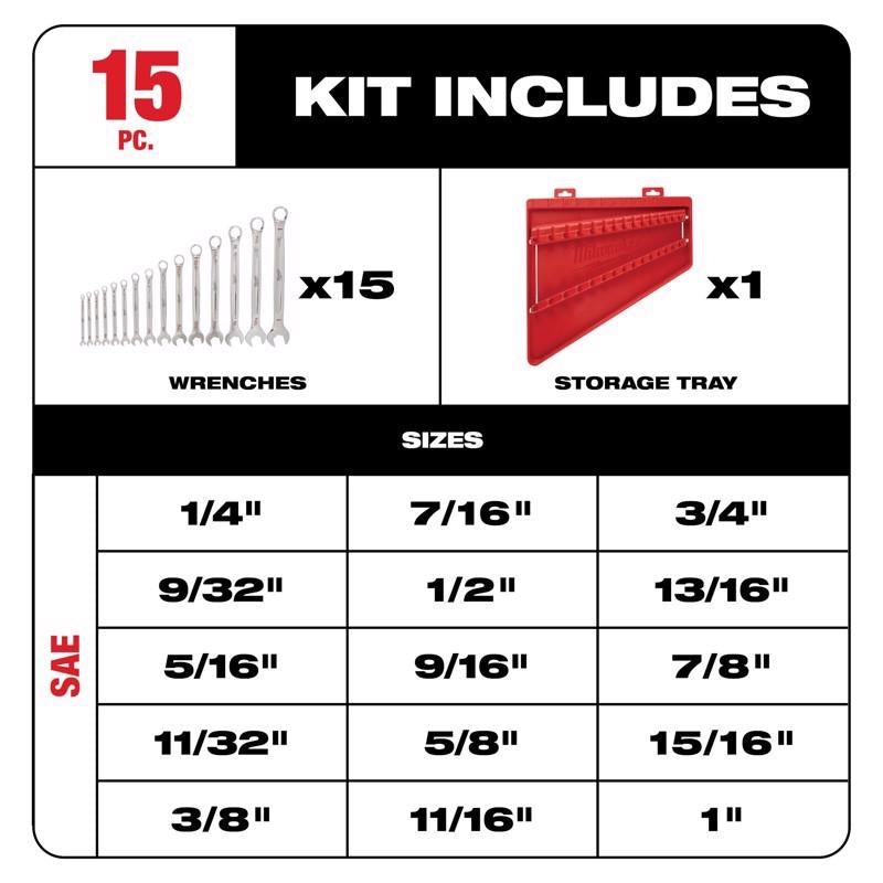 15PC COMBO WRENCH KT SAE