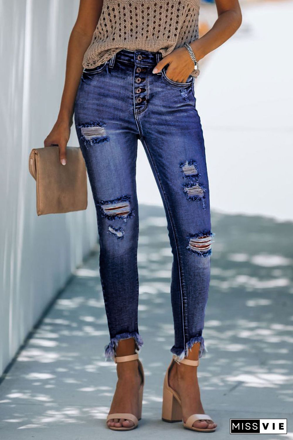 Blue High Rise Button Front Frayed Ankle Skinny Jeans