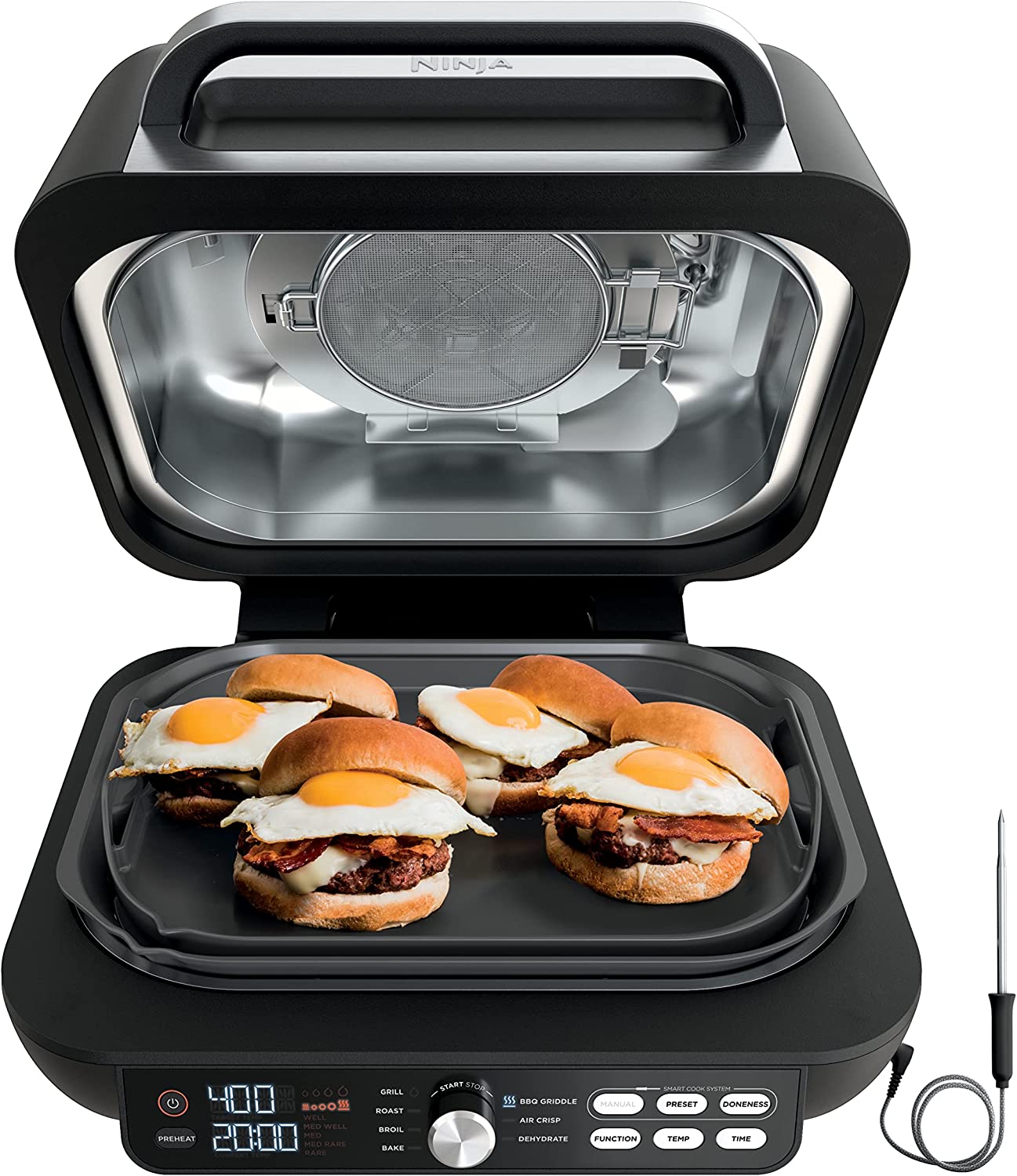 Restored Ninja IG651 Foodi Smart XL Pro 7in1 Indoor Grill/Griddle Combo， with Griddle， Air Fry， Dehydrate and More， Pro Power Grate， Flat Top Griddle， Crisper， Smart Thermometer， Black (Refurbished)