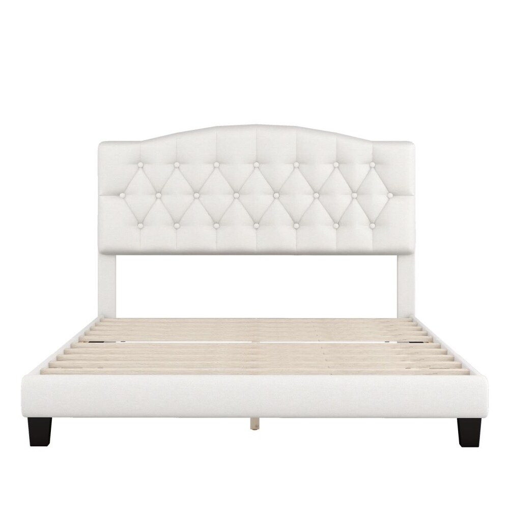 Modern Platform Bed Frame Wood Slat Diamond Tufted Headboard Sturdy