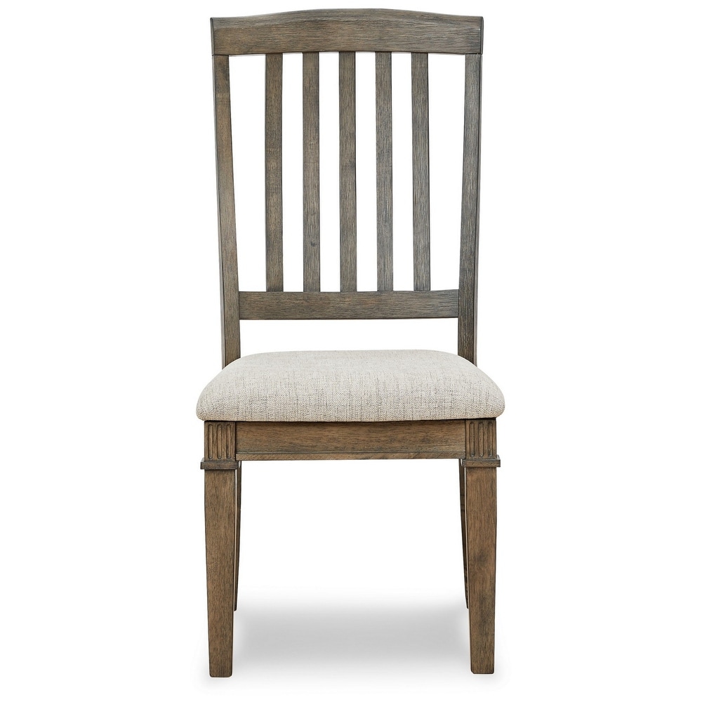 19 Inch Dining Chair  Set of 2  Slatted Back  Brown Wood  Beige Polyester