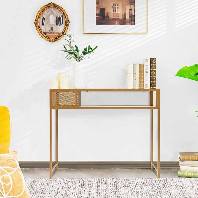 Faux Marble Console Table with Wire Baske for Hallway and Living Room-White