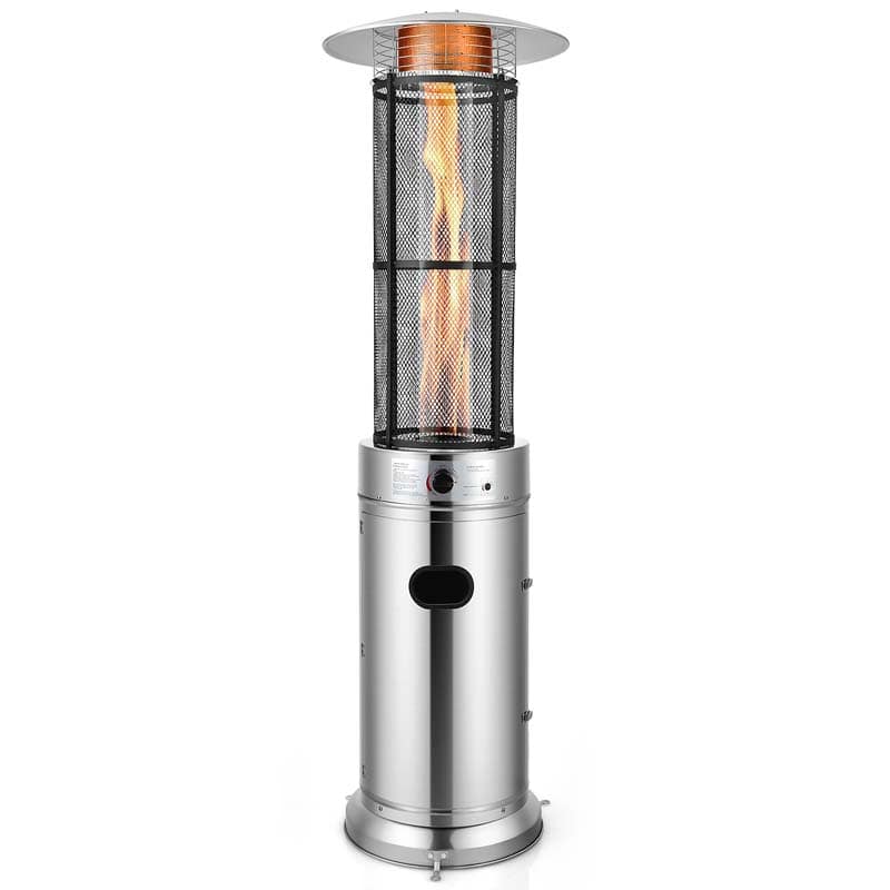 34,000BTU Standing Propane Patio Heater with Wheels, Stainless Steel Round Glass Tube Gas Outdoor Heater