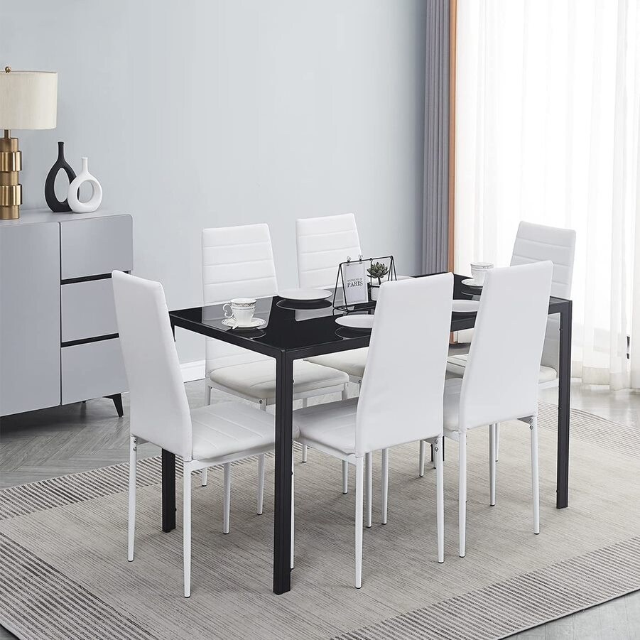 7 Piece Modern Glass Dining Set for 6 with Faux Leather Chairs