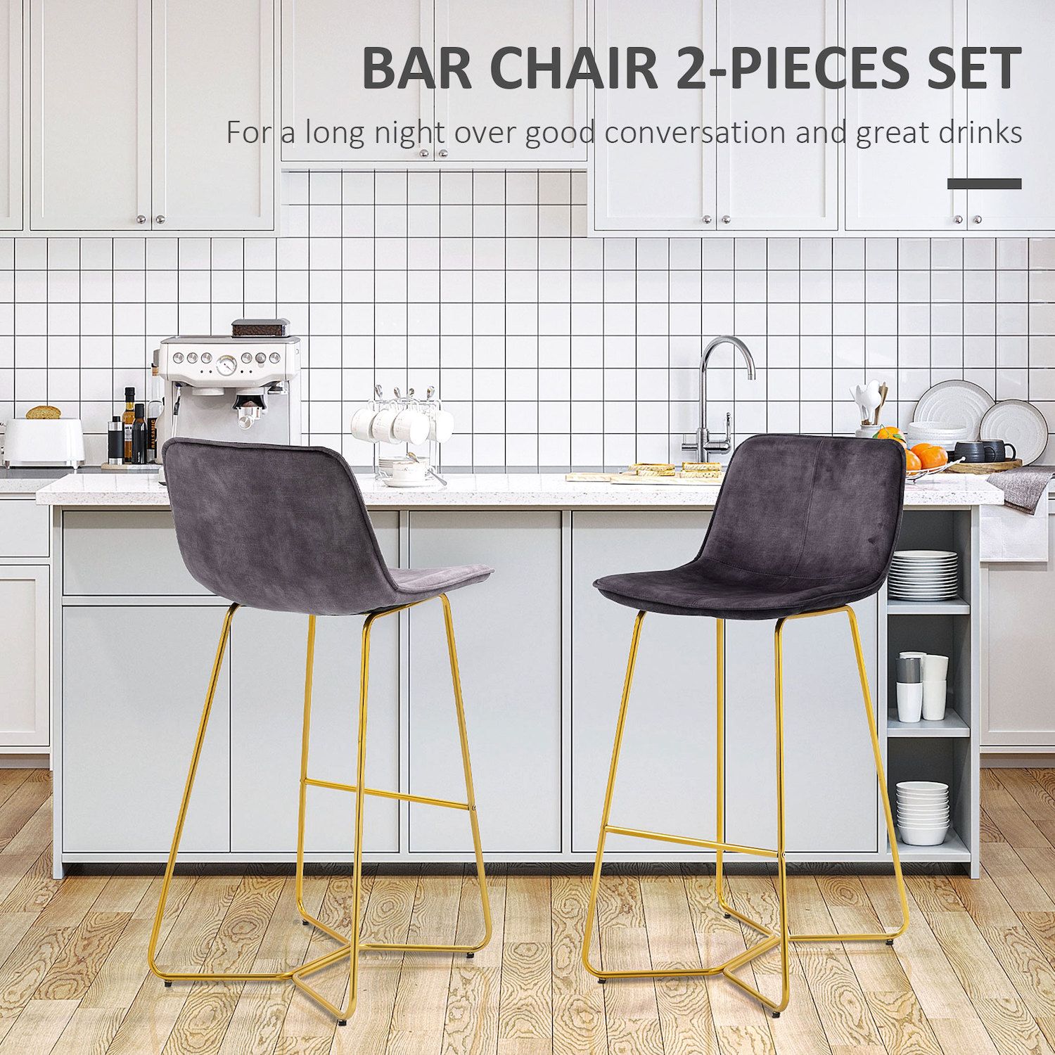 HOMCOM Tall Bar Stools， Set of 2， Velvet-Touch Fabric Bar Chairs， 25.5 Bar Height Stools with Gold-Tone Metal Legs for Dining Area， Home Bar， Grey