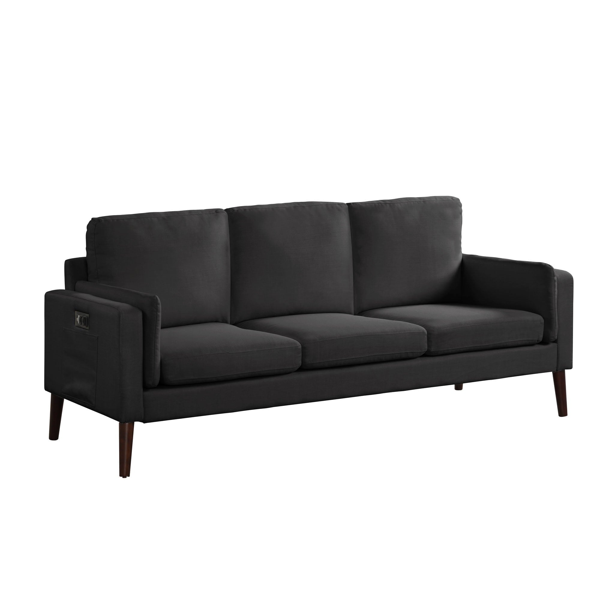 Elm & Oak Nathaniel Sofa with Side Pocket and USB Power, Black Upholstery