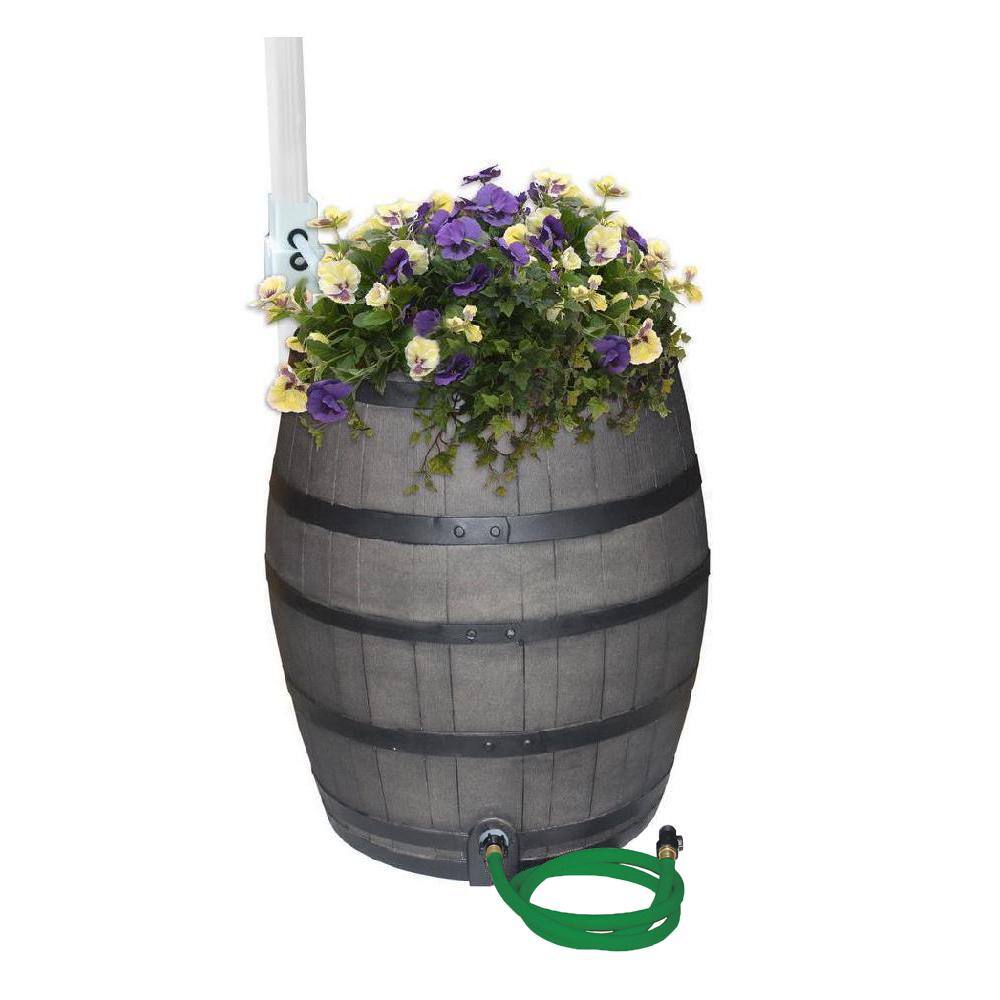 RESCUE 50 Gal. Gray Flat Back Whiskey Rain Barrel with Integrated Planter and Diverter System with Black Accent Bands 2244-1