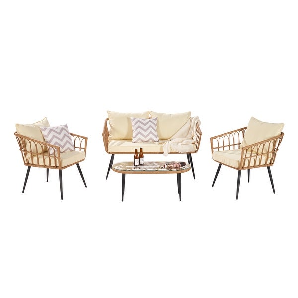 4 PCS Rattan Furniture Set， Outdoor Conversation Set w/CushionsandCoffee Table， Sectional Sofa Chairs Set for Patio，Beige - Overstock - 37928850