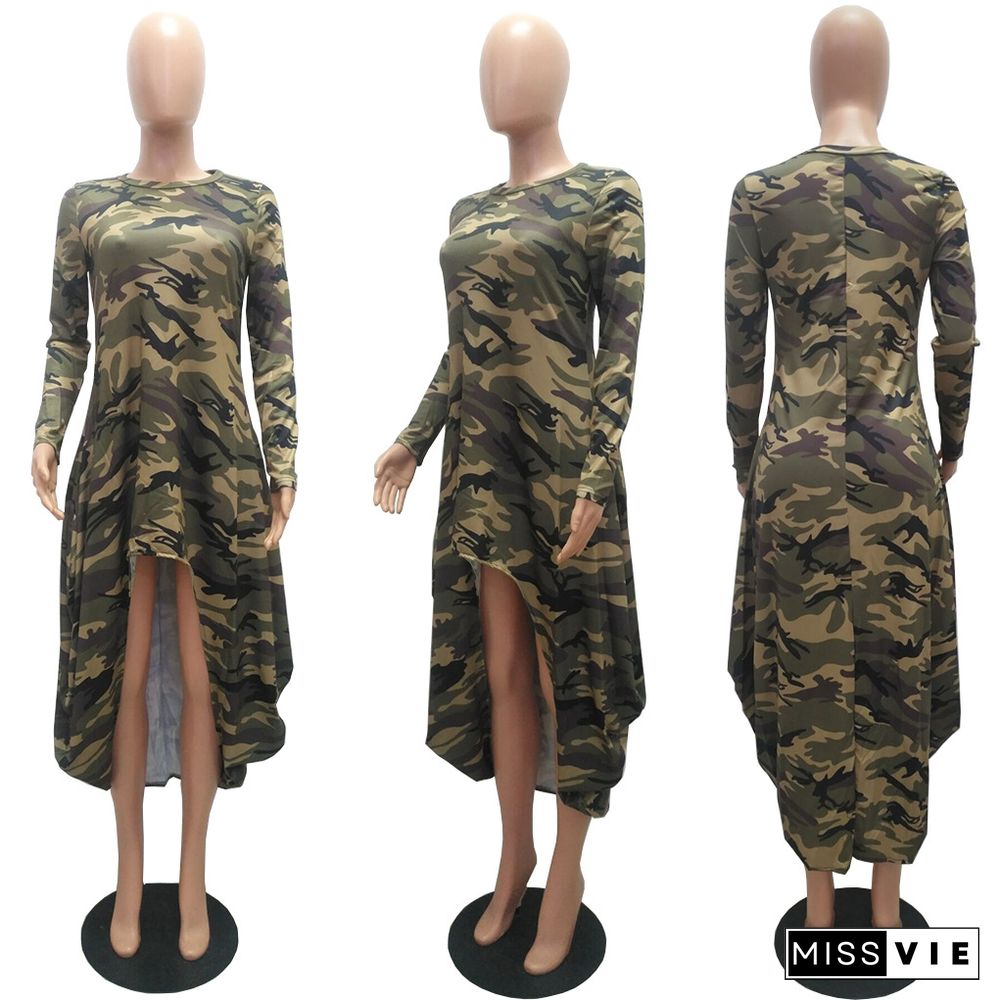 Long Sleeve Loose Camouflage Print Irregular Casual Dress