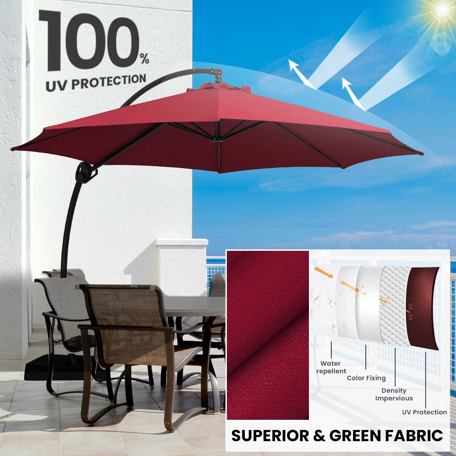 SERWALL 10ft Curvy Cantilever Offset Hanging Market Patio Umbrella with Base, Red