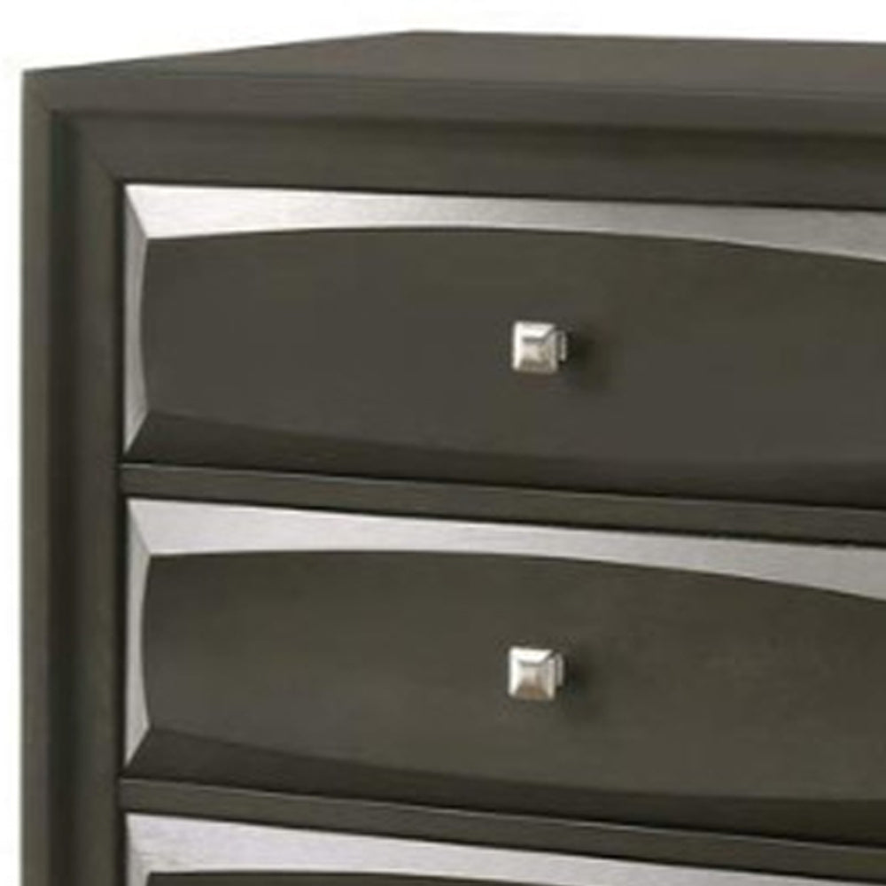 Five Drawer Chest With Brushed Nickel Accent And Chamfered Legs, Antique Gray- Saltoro Sherpi