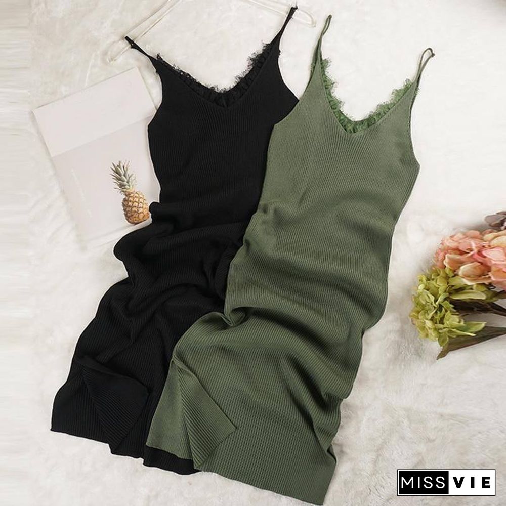 New Women Spaghetti Strap Dresses Split V-Neck Lace Patchwork Knitted Dress Ladies Sleeveless Bodycon Tank Dress Vestidos P022