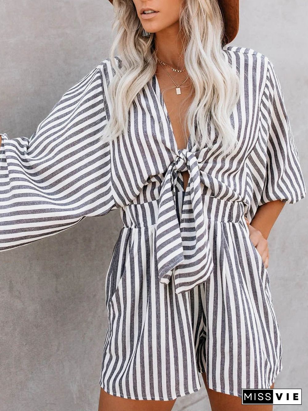 Casual Deep V Neck Front Tie Loose Mini Jumpsuit