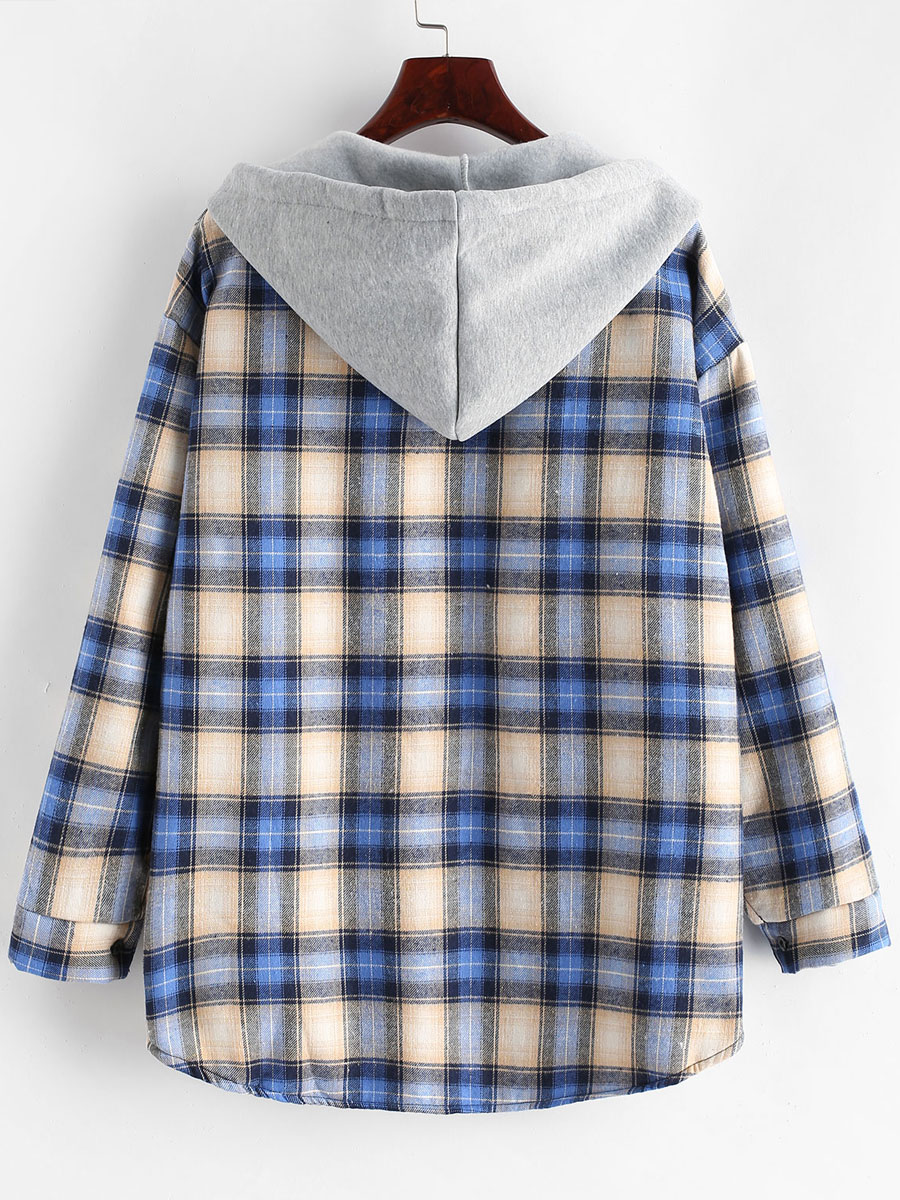 Casual Loose Check Panel Lambsool Hooded Blouse