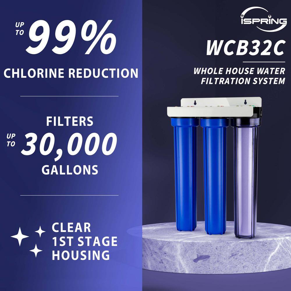 ISPRING 3-Stage Whole House Water Filtration System w 20 in. x 2.5 in. Oversized Fine Sediment and Carbon Block Filters WCB32